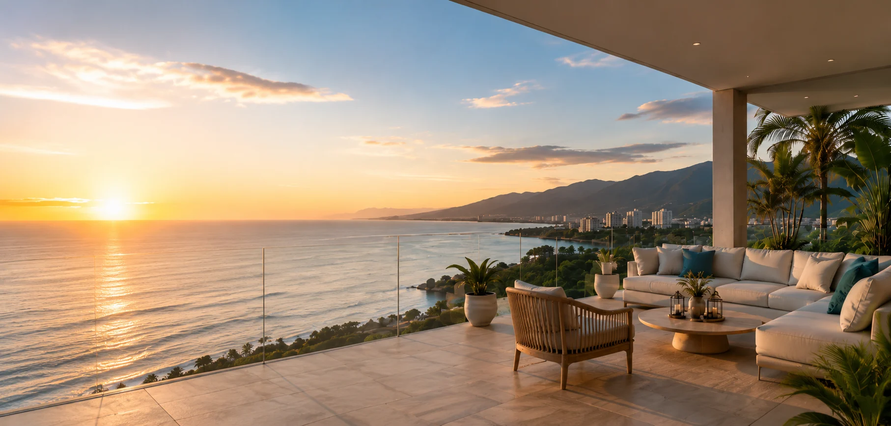 Terraza de lujo con vista al mar al atardecer